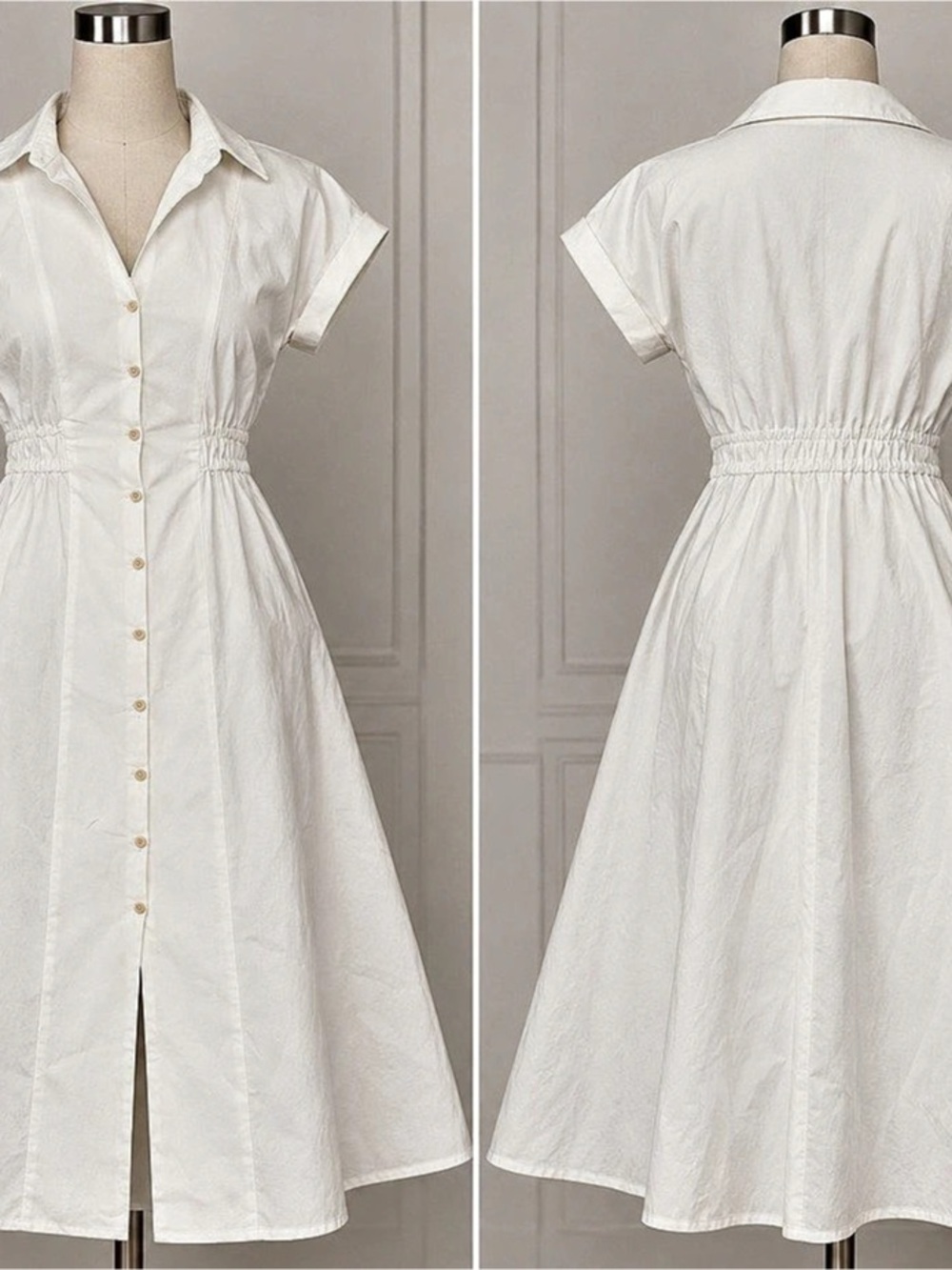 CIDER Linen-blend Collar Solid Shirred Button Midi Shirt Dress Shirred Button
